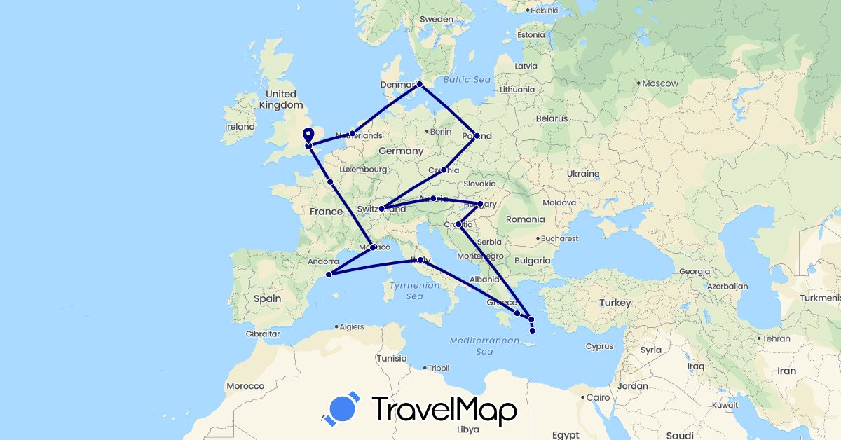 TravelMap itinerary: driving in Austria, Switzerland, Czech Republic, Denmark, Spain, France, United Kingdom, Greece, Croatia, Hungary, Italy, Monaco, Netherlands, Poland (Europe)